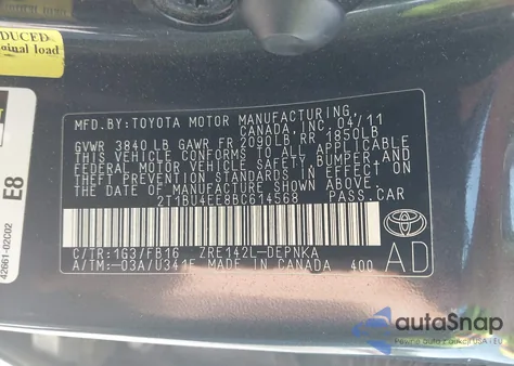 2011 Toyota Corolla Le из США, поврежденный, VIN 2T1BU4EE8BC614568